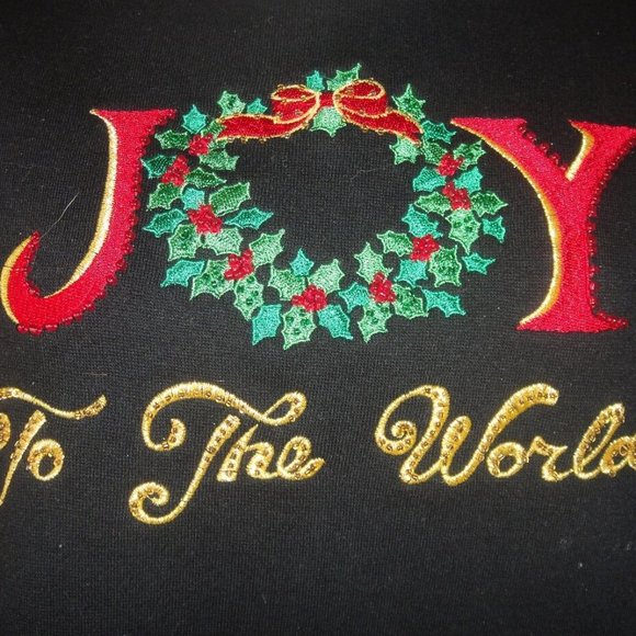 QUACKER FACTORY * Joy to the World embroidered BLACK Tunic Sweatshirt TOP * S M - Picture 1 of 7